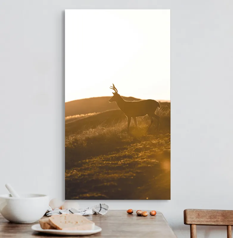 Tablou Canvas, "Cerbul în lumina apusului blând", Siluetă, Cerb, Amurg, Peisaj, Coline, Aur, Soare, Natură, 50 x 90 cm – poza 3