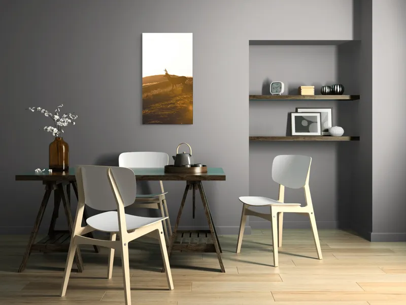 Tablou Canvas, "Cerbul în lumina apusului blând", Siluetă, Cerb, Amurg, Peisaj, Coline, Aur, Soare, Natură, 50 x 90 cm – poza 4