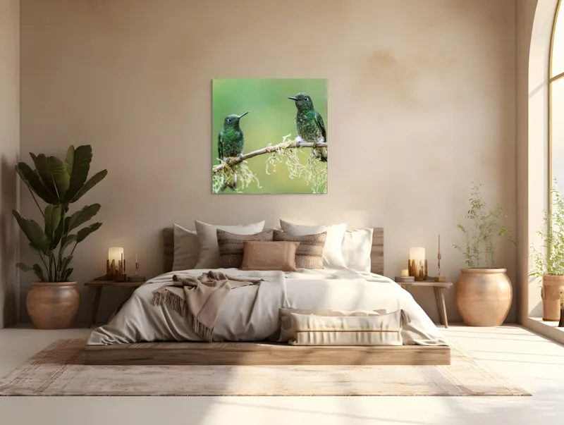 Tablou Canvas, "Colibri pe creanga acoperită de mușchi", Păsări, Colibri, Verde, Ramură, Natură, Penaj, Delicateţe., 100 x 100 cm – poza 4