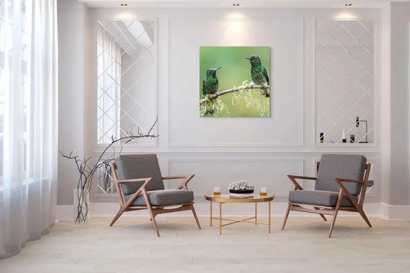 Tablou Canvas, "Colibri pe creanga acoperită de mușchi", Păsări, Colibri, Verde, Ramură, Natură, Penaj, Delicateţe., 100 x 100 cm – poza 7
