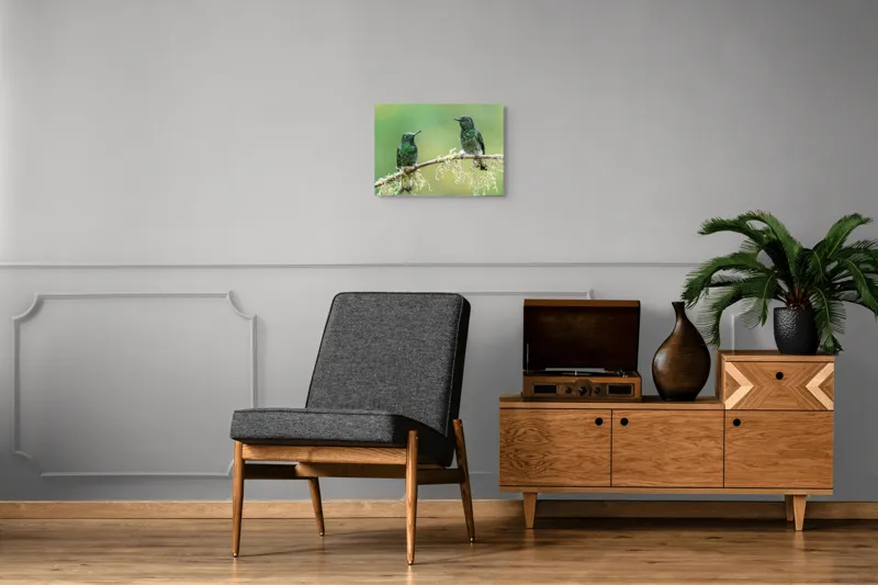 Tablou Canvas, "Colibri pe creanga acoperită de mușchi", Păsări, Colibri, Verde, Ramură, Natură, Penaj, Delicateţe., 54 x 39 cm – poza 7