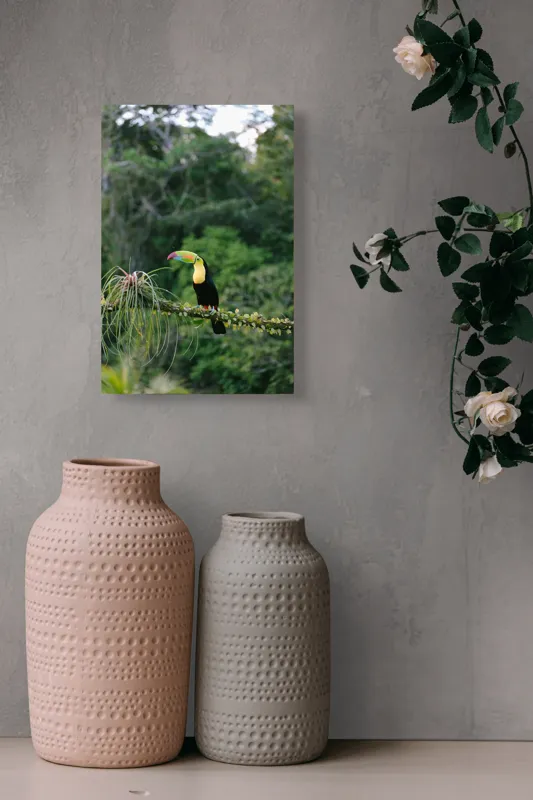 Tablou Canvas, "Tucanul in habitatul natural verde", Colorat, Exotic, Pădure, Natură, Pasăre, Frunziș, Strălucire, Armonie, Spectacol, Forme., 26 x 39 cm – poza 6
