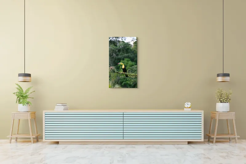 Tablou Canvas, "Tucanul in habitatul natural verde", Colorat, Exotic, Pădure, Natură, Pasăre, Frunziș, Strălucire, Armonie, Spectacol, Forme., 50 x 90 cm – poza 6