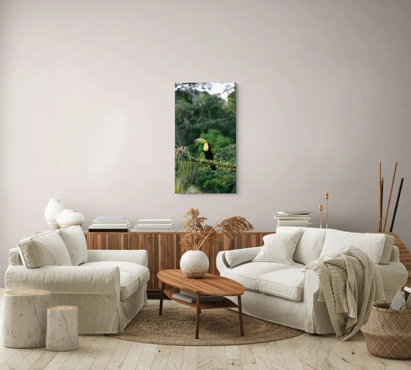 Tablou Canvas, "Tucanul in habitatul natural verde", Colorat, Exotic, Pădure, Natură, Pasăre, Frunziș, Strălucire, Armonie, Spectacol, Forme., 50 x 90 cm – poza 7