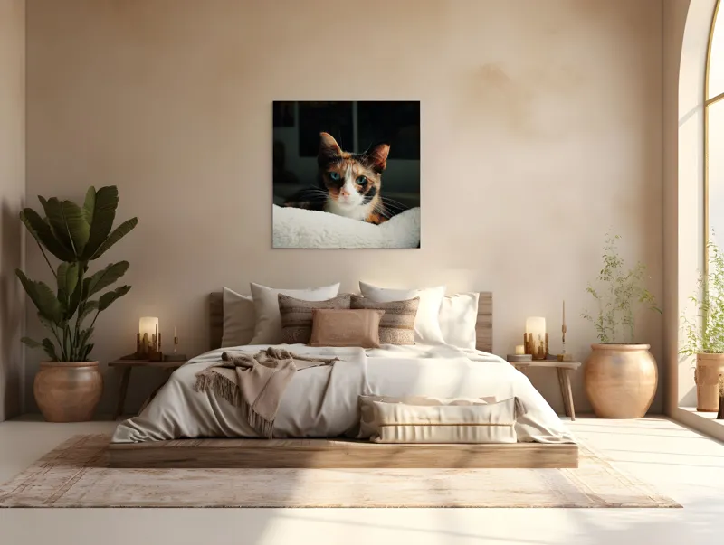 Tablou Canvas, "Pisica observatoare pe așternut alb", Pisică, Blană, Uitătură, Mustăți, Verde, Ochi, Calm, Somnoros, Pătură, Întuneric, Lumină, Relaxare, 100 x 100 cm – poza 4