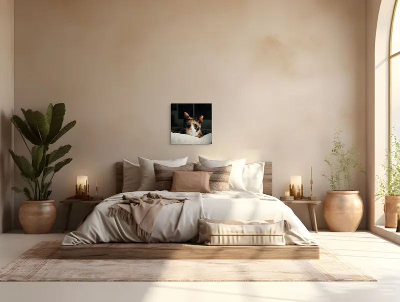 Tablou Canvas, "Pisica observatoare pe așternut alb", Pisică, Blană, Uitătură, Mustăți, Verde, Ochi, Calm, Somnoros, Pătură, Întuneric, Lumină, Relaxare, 50 x 50 cm – poza 5