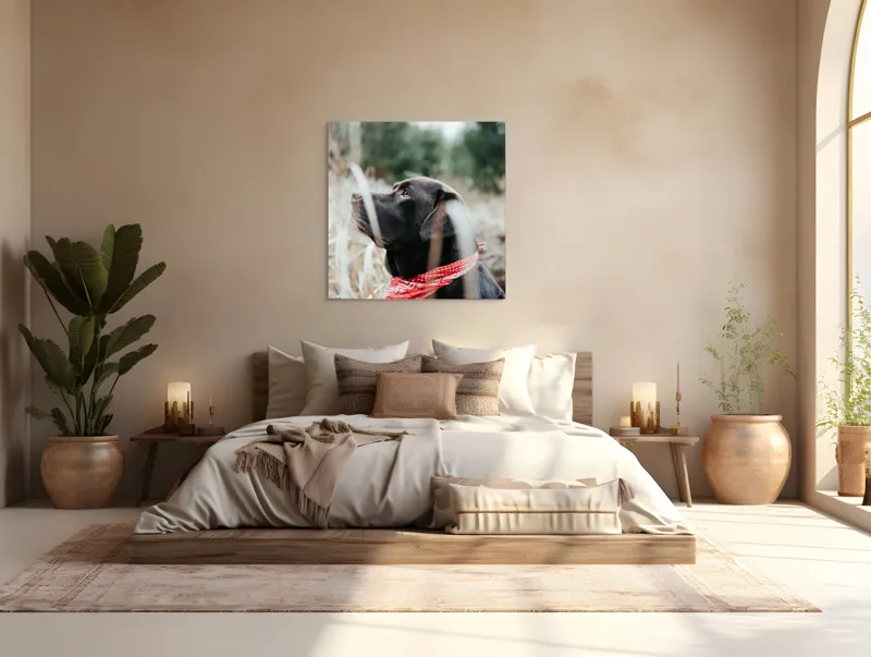Tablou Canvas, Câine, Labră, Bandană, Natură, Ochi, Blană, Iarbă, Observare, Urechi, Peisaj, 100 x 100 cm – poza 4