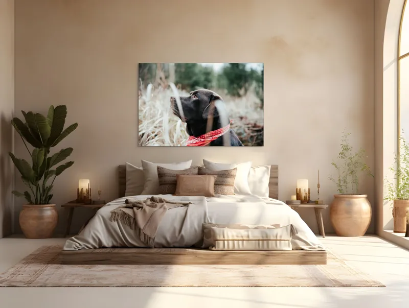 Tablou Canvas, "Nu știu cine este în fotografie.", Câine, Labră, Bandană, Natură, Ochi, Blană, Iarbă, Observare, Urechi, Peisaj, 150 x 100 cm – poza 4