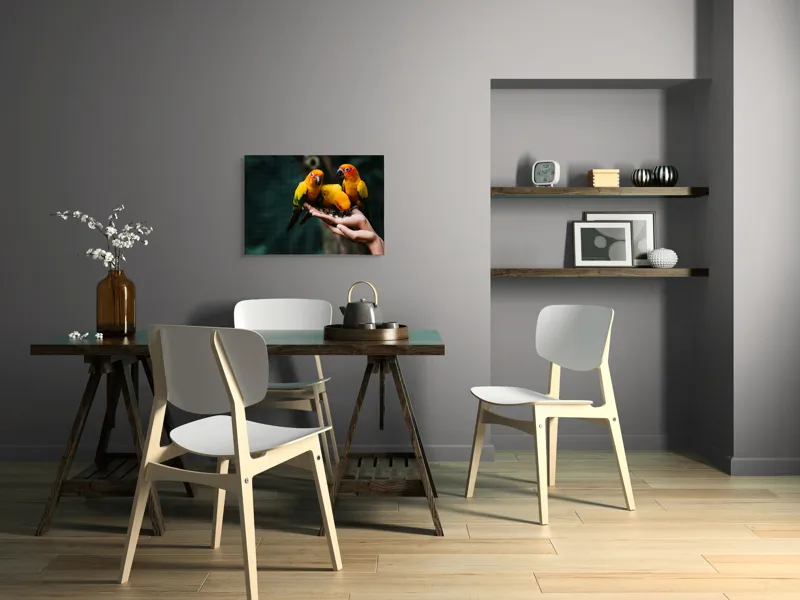 Tablou Canvas, "Păsări colorate în palmă umană", Păsări, Culori, Mănâncă, Mână, Natură, 70 x 50 cm – poza 5
