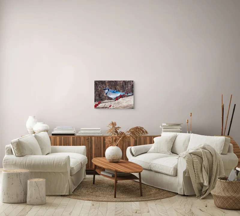 Tablou Canvas, "Păsări albastre pe ramură cu fructe", Pene, Albastră, Coadă, Lemn, Crenguță, Roșii, Fructe, Natură, Frumoasă, Păsare, 54 x 39 cm – poza 5