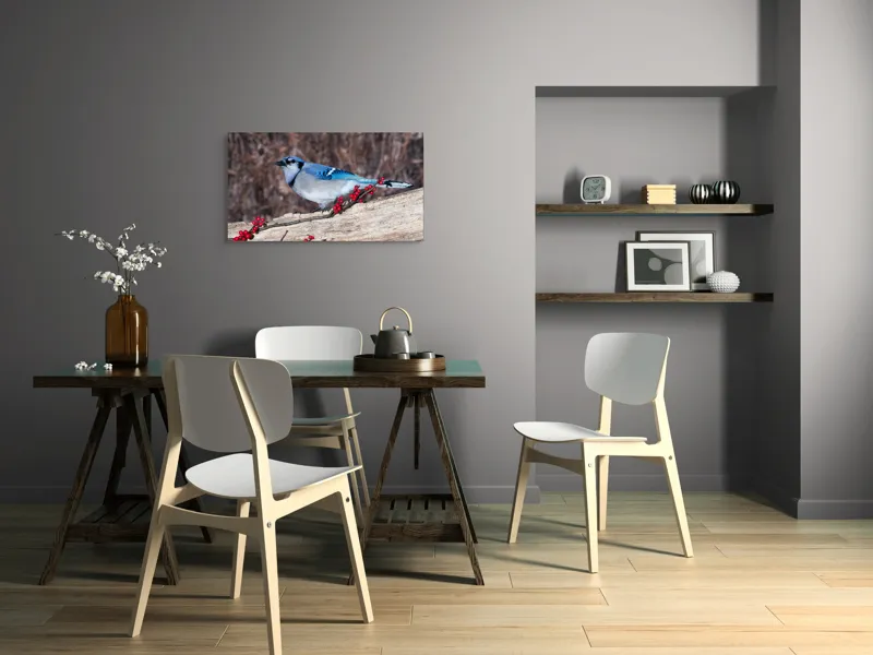 Tablou Canvas, "Păsări albastre pe ramură cu fructe", Pene, Albastră, Coadă, Lemn, Crenguță, Roșii, Fructe, Natură, Frumoasă, Păsare, 90 x 50 cm – poza 3