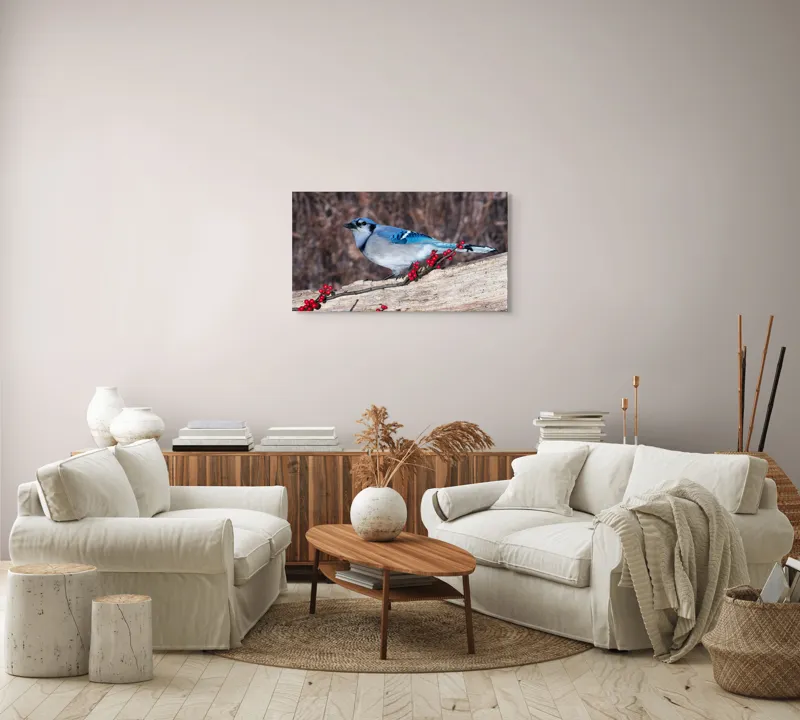Tablou Canvas, "Păsări albastre pe ramură cu fructe", Pene, Albastră, Coadă, Lemn, Crenguță, Roșii, Fructe, Natură, Frumoasă, Păsare, 90 x 50 cm – poza 4