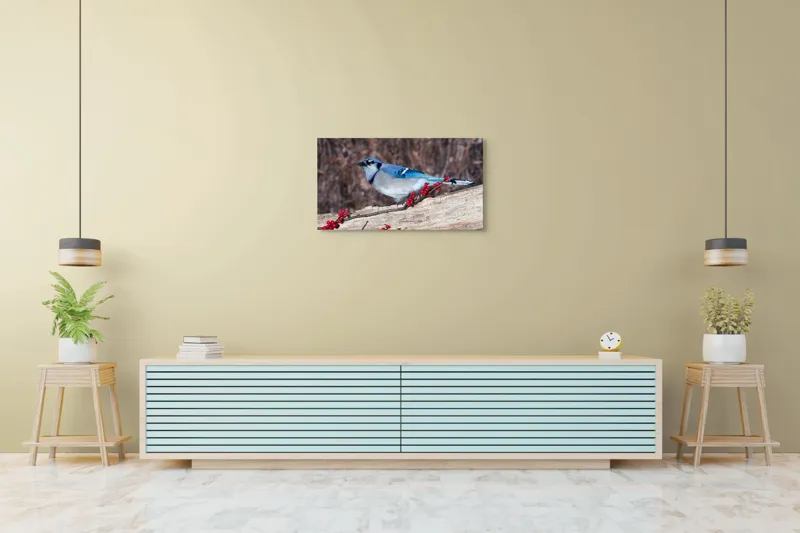 Tablou Canvas, "Păsări albastre pe ramură cu fructe", Pene, Albastră, Coadă, Lemn, Crenguță, Roșii, Fructe, Natură, Frumoasă, Păsare, 90 x 50 cm – poza 5