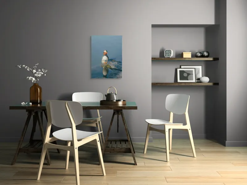 Tablou Canvas, "Rătăcind pe malul apei liniștite", Rață, Mandarină, Reflecție, Apă, Stânci, Calm, Natură, Frumusețe, Penaj, Singurătate, 50 x 70 cm – poza 5