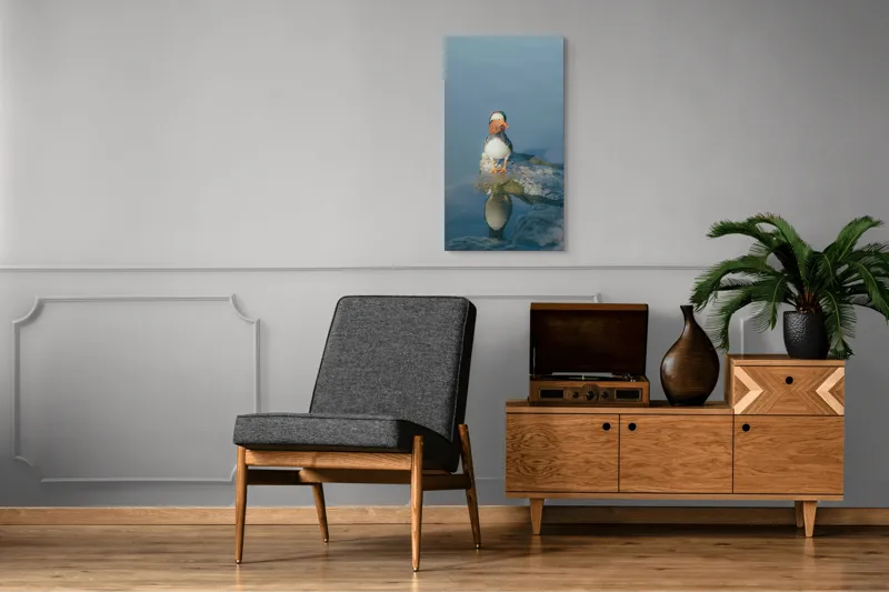 Tablou Canvas, "Rătăcind pe malul apei liniștite", Rață, Mandarină, Reflecție, Apă, Stânci, Calm, Natură, Frumusețe, Penaj, Singurătate, 50 x 90 cm – poza 8