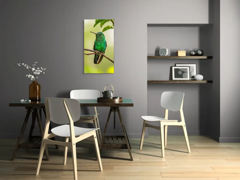 Tablou Canvas, "Șoimul de smarald odihnindu-se discret", Pene, Strălucire, Verde, Delicat, Natură, Viu, Fragil, Ramură, 50 x 90 cm – poza 4
