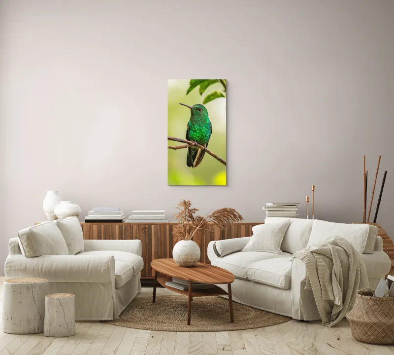 Tablou Canvas, "Șoimul de smarald odihnindu-se discret", Pene, Strălucire, Verde, Delicat, Natură, Viu, Fragil, Ramură, 50 x 90 cm – poza 7