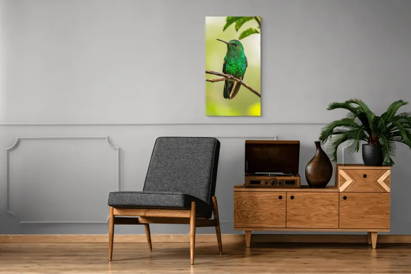 Tablou Canvas, "Șoimul de smarald odihnindu-se discret", Pene, Strălucire, Verde, Delicat, Natură, Viu, Fragil, Ramură, 50 x 90 cm – poza 8