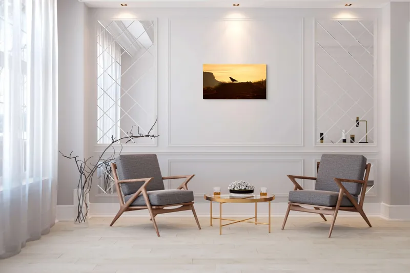 Tablou Canvas, "Corbul la apus în deșertul roșu", Corb, Siluetă, Apus, Peisaj, Deșert, Munți, Cer, Lumină, Umbre, Natură., 90 x 50 cm – poza 7