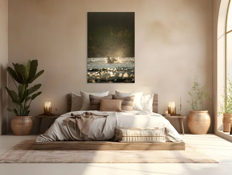 Tablou Canvas, "Zborul raței în lumina dimineții", Picături, Zbor, Apă, Luminiș, Sclipiri, 100 x 150 cm – poza 3