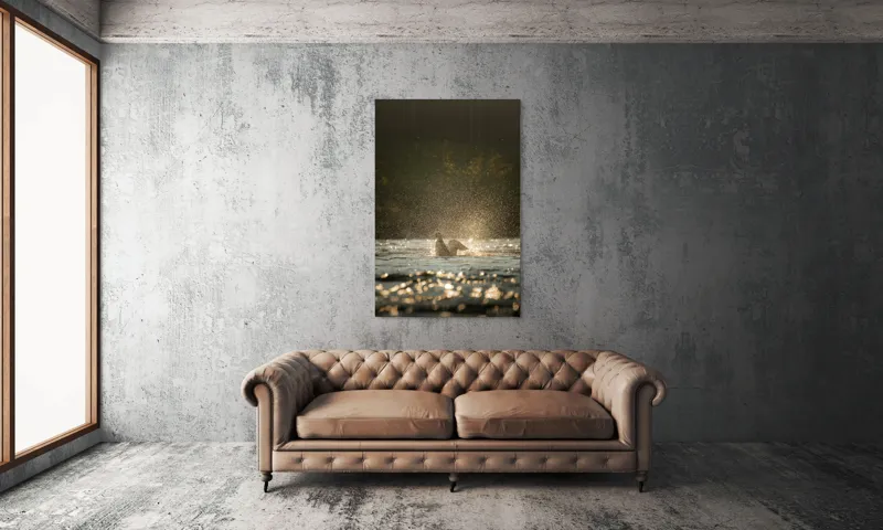 Tablou Canvas, "Zborul raței în lumina dimineții", Picături, Zbor, Apă, Luminiș, Sclipiri, 100 x 150 cm – poza 6