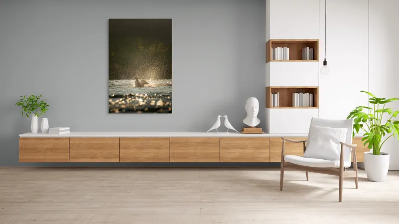 Tablou Canvas, "Zborul raței în lumina dimineții", Picături, Zbor, Apă, Luminiș, Sclipiri, 100 x 150 cm – poza 8