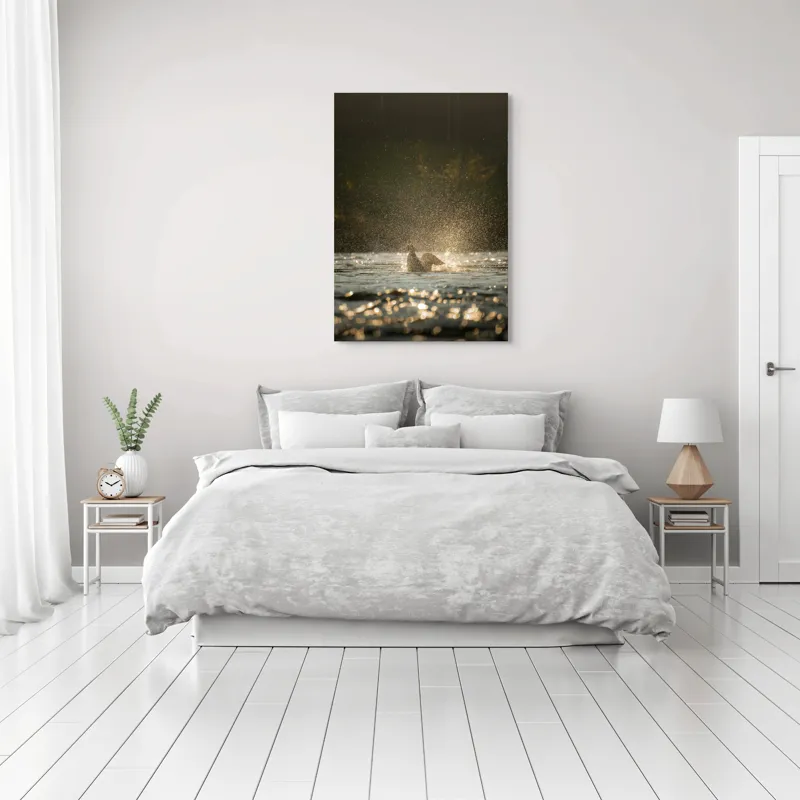 Tablou Canvas, "Zborul raței în lumina dimineții", Picături, Zbor, Apă, Luminiș, Sclipiri, 70 x 100 cm – poza 3