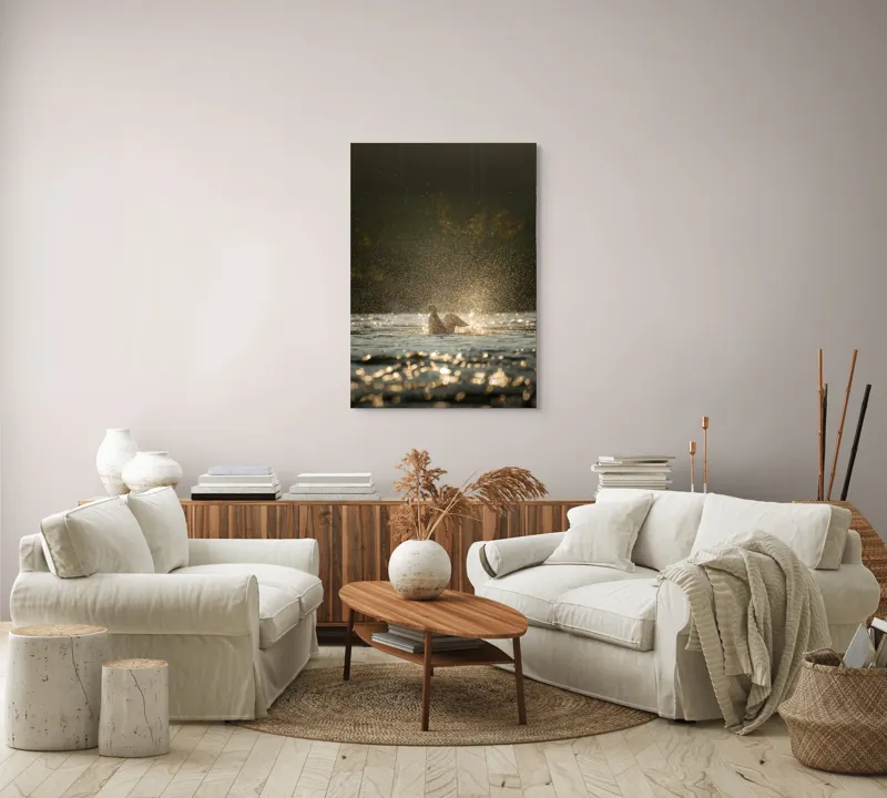 Tablou Canvas, "Zborul raței în lumina dimineții", Picături, Zbor, Apă, Luminiș, Sclipiri, 70 x 100 cm – poza 4