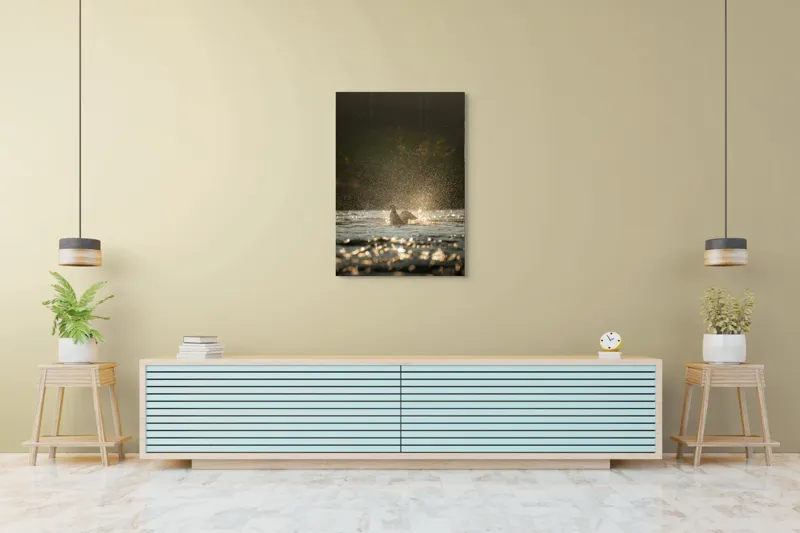 Tablou Canvas, "Zborul raței în lumina dimineții", Picături, Zbor, Apă, Luminiș, Sclipiri, 70 x 100 cm – poza 5