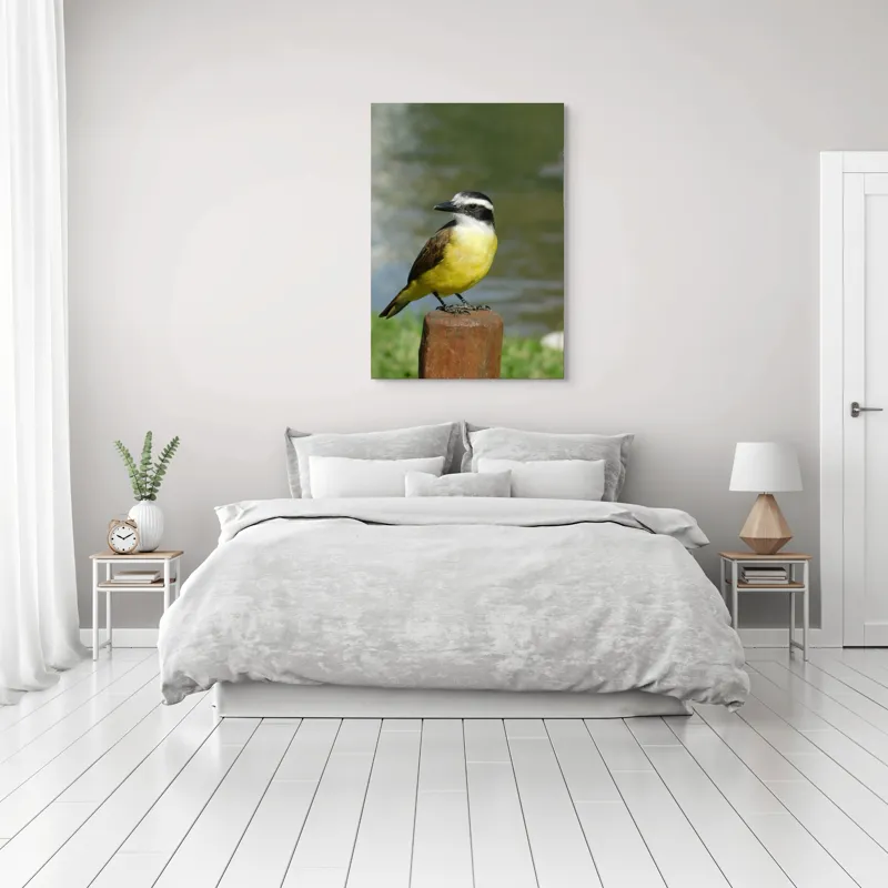 Tablou Canvas, "Pitulicea pe stâlpul de lemn", Pasăre, Galben, Maro, Negru, Alb, Aripioare, Cioc, Verde, Apă, 70 x 100 cm – poza 3