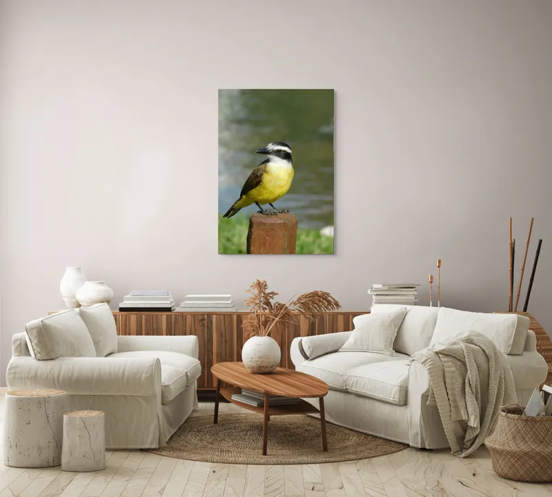 Tablou Canvas, "Pitulicea pe stâlpul de lemn", Pasăre, Galben, Maro, Negru, Alb, Aripioare, Cioc, Verde, Apă, 70 x 100 cm – poza 4