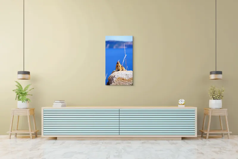 Tablou Canvas, "Veveriță curajoasă pe stâncă albastră", Chipmunk, Rocă, Albastru, Cer, Apă, Vedere, Natură, Curiozitate, 50 x 90 cm – poza 6