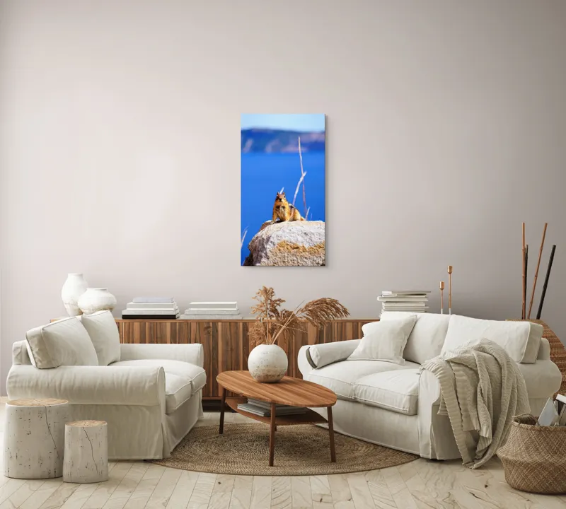 Tablou Canvas, "Veveriță curajoasă pe stâncă albastră", Chipmunk, Rocă, Albastru, Cer, Apă, Vedere, Natură, Curiozitate, 50 x 90 cm – poza 7