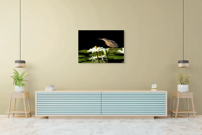 Tablou Canvas, "Pasărea contemplând liniștea lacului", Pasăre, Nufăr, Apele, Verde, Lumină, Natură, Reflexie, Serenitate, Contrast, Frumusețe., 100 x 70 cm – poza 4