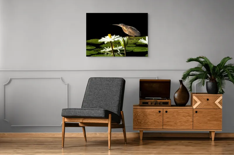 Tablou Canvas, "Pasărea contemplând liniștea lacului", Pasăre, Nufăr, Apele, Verde, Lumină, Natură, Reflexie, Serenitate, Contrast, Frumusețe., 100 x 70 cm – poza 8