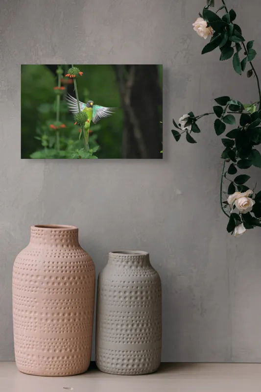 Tablou Canvas Papagal în zbor printre flori verzi Natură Grădină, 39 x 26 cm – poza 4