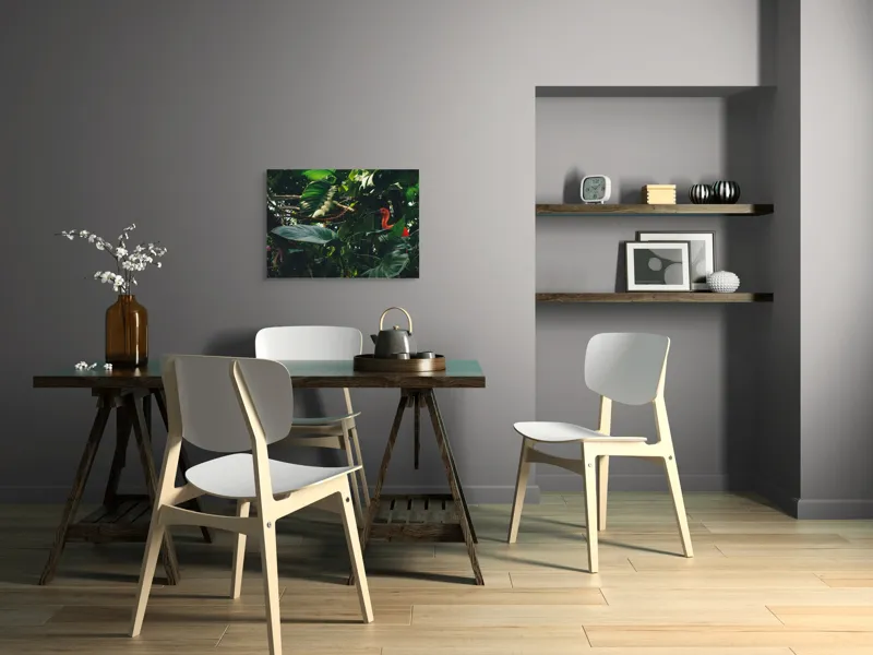 Tablou Canvas, "Pasăre roșie în jungla verde", Scarlat, Lumină, Frunze, Tropical, Păsare, Verde, Junglă, Umbră, 70 x 50 cm – poza 5