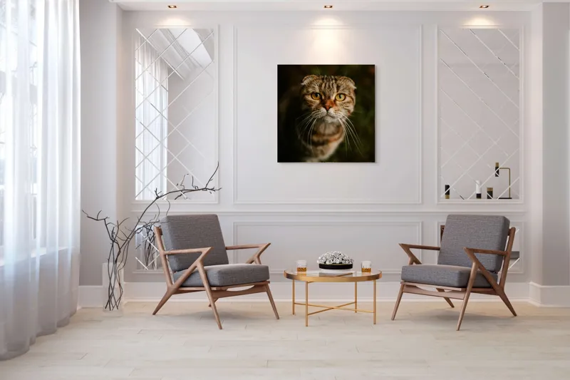 Tablou Canvas, "Pisica cu privire curioasă", Pisică, Blană, Ochi, Mustăți, Privire, Drăgălășenie, Natură, Fundal Verde, 100 x 100 cm – poza 7