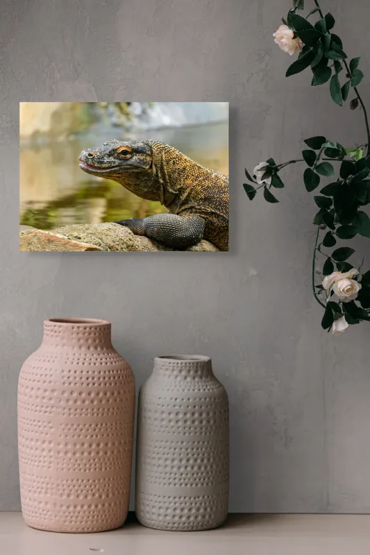 Tablou Canvas, "Dragonul de Komodo contemplând natura", Dragon, Textură, Reptilă, Natură, Apă, Scăldat, Solzi, Privire, Ambient, Peisaj, 54 x 39 cm – poza 8