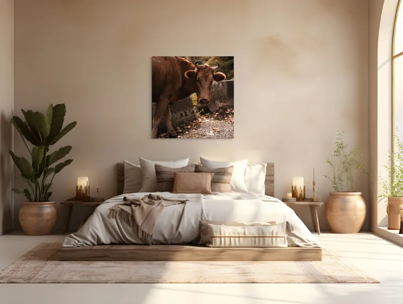 Tablou Canvas, "Vaca privind spre apusul toamnei", Vacă, Brunet, Peisaj, Căldură, Natură, Frunze, Potecă, 100 x 100 cm – poza 4