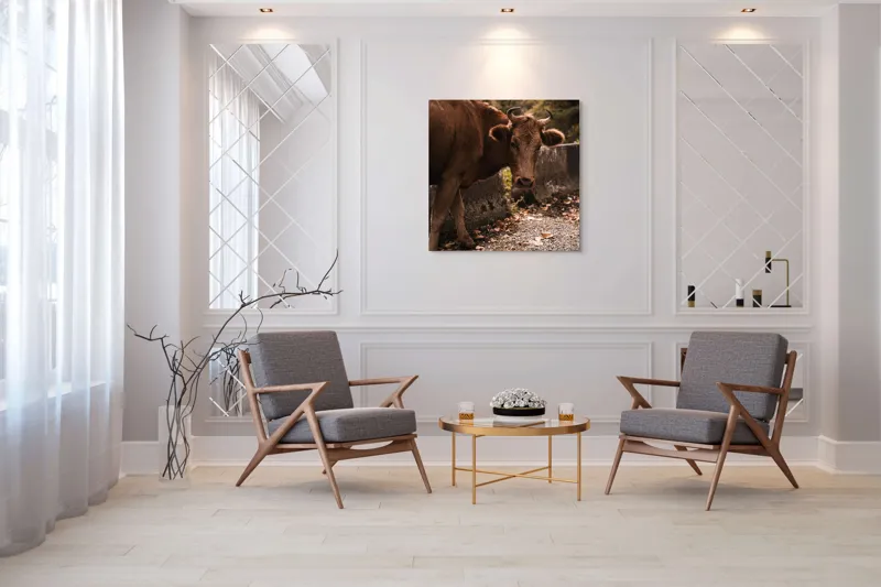 Tablou Canvas, "Vaca privind spre apusul toamnei", Vacă, Brunet, Peisaj, Căldură, Natură, Frunze, Potecă, 100 x 100 cm – poza 7
