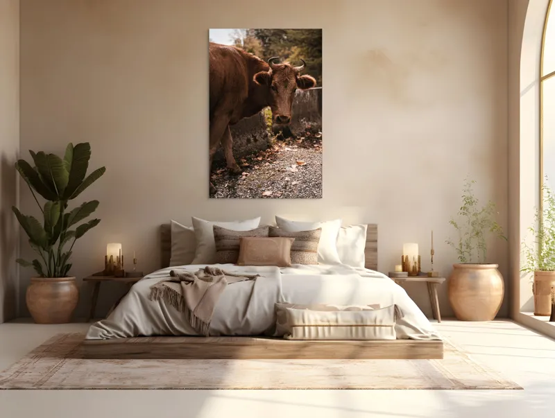 Tablou Canvas, "Vaca privind spre apusul toamnei", Vacă, Brunet, Peisaj, Căldură, Natură, Frunze, Potecă, 100 x 150 cm – poza 3