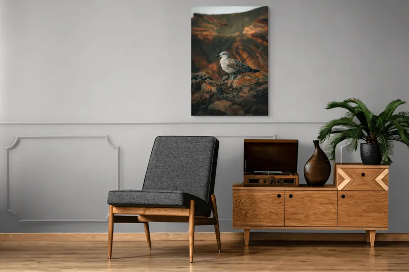 Tablou Canvas, "Pescăruș pe stânci aride la apus", Pescăruș, Stânci, Cer, Natură, Peisaj, Serenitate, Plumaj, 70 x 100 cm – poza 6