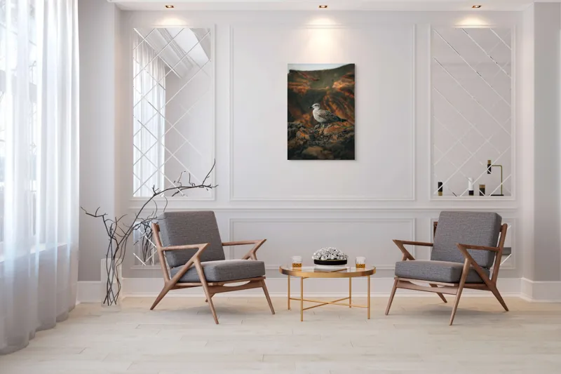 Tablou Canvas, "Pescăruș pe stânci aride la apus", Pescăruș, Stânci, Cer, Natură, Peisaj, Serenitate, Plumaj, 70 x 100 cm – poza 8
