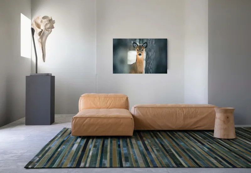 Tablou Canvas, "Căprioara în pădurea înzăpezită", Căprioară, Pădure, Zăpadă, Iarnă, Privire, Blană, Natură, Calmitate, 90 x 50 cm – poza 8