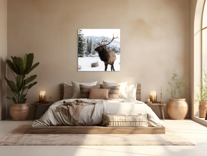Tablou Canvas, "Elanul în peisaj montan de iarnă", Cerb, Zăpadă, Pădure, Munți, Iarnă, Antlers, Natură, Culoare, Frig, Calm, 100 x 100 cm – poza 4