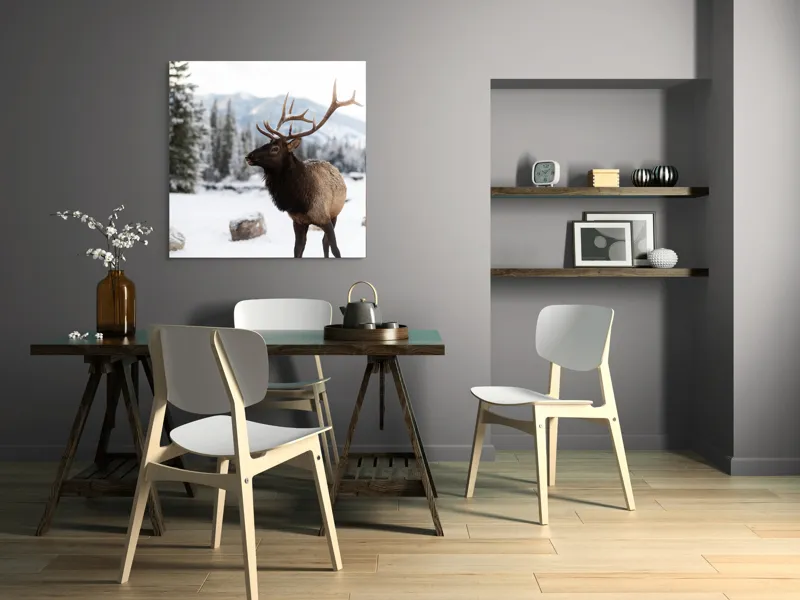 Tablou Canvas, "Elanul în peisaj montan de iarnă", Cerb, Zăpadă, Pădure, Munți, Iarnă, Antlers, Natură, Culoare, Frig, Calm, 100 x 100 cm – poza 6