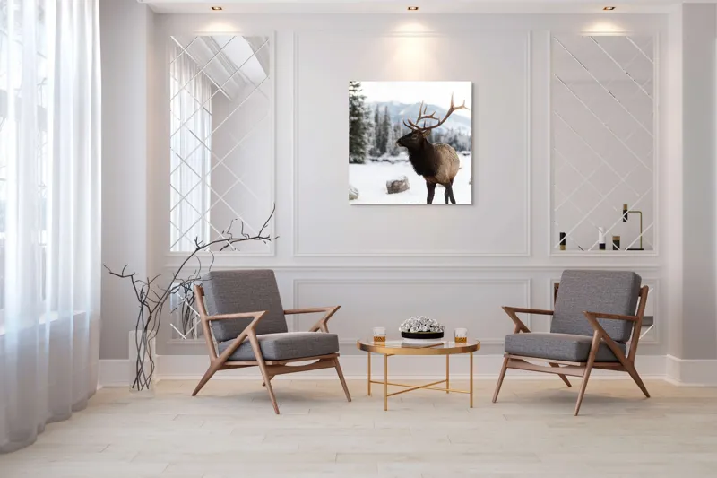 Tablou Canvas, "Elanul în peisaj montan de iarnă", Cerb, Zăpadă, Pădure, Munți, Iarnă, Antlers, Natură, Culoare, Frig, Calm, 100 x 100 cm – poza 7