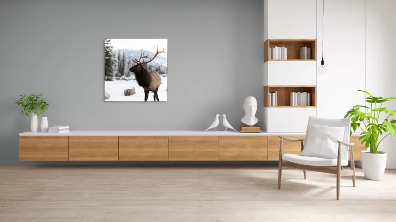Tablou Canvas, "Elanul în peisaj montan de iarnă", Cerb, Zăpadă, Pădure, Munți, Iarnă, Antlers, Natură, Culoare, Frig, Calm, 100 x 100 cm – poza 8