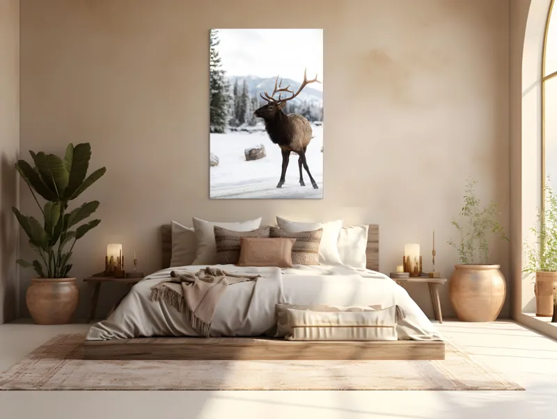 Tablou Canvas, "Elanul în peisaj montan de iarnă", Cerb, Zăpadă, Pădure, Munți, Iarnă, Antlers, Natură, Culoare, Frig, Calm, 100 x 150 cm – poza 3